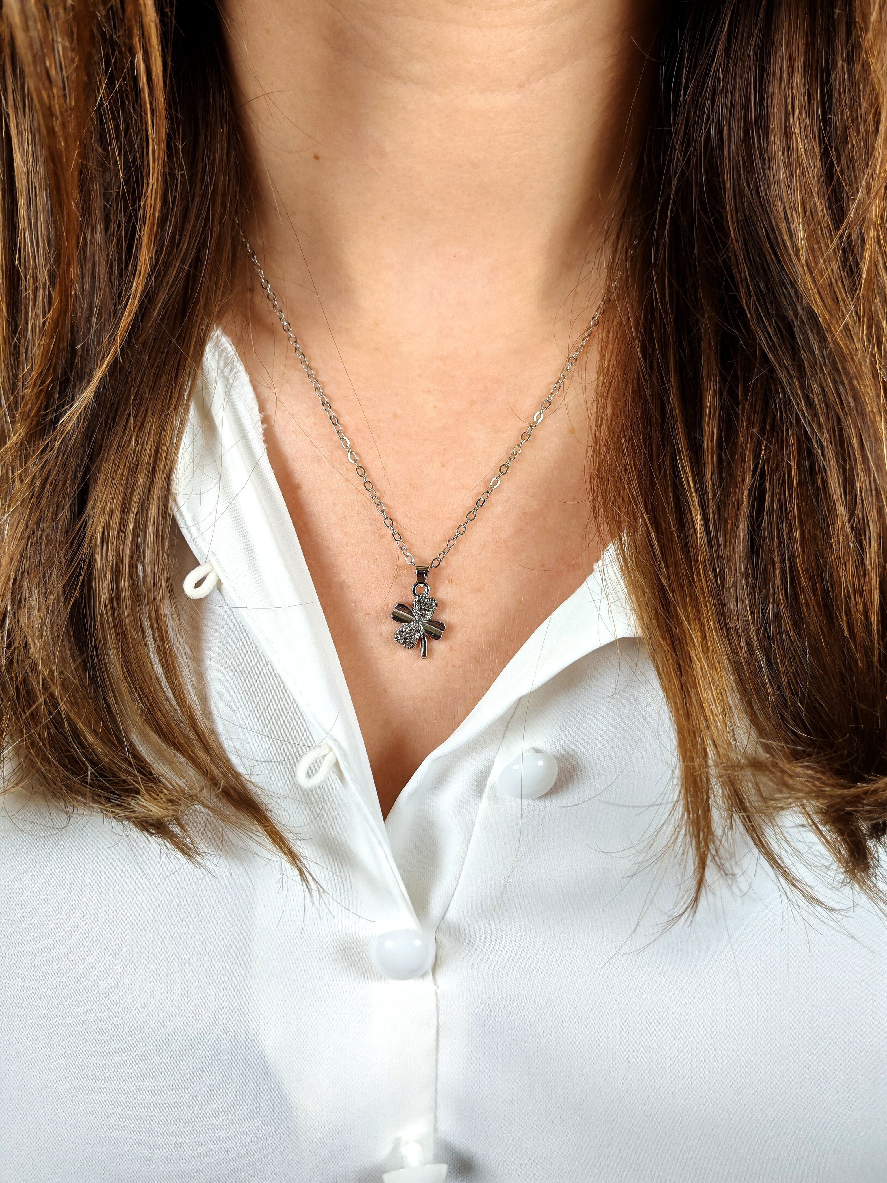 Collana Girocollo Quadrifoglio Silver con Punti Luce in Zircone