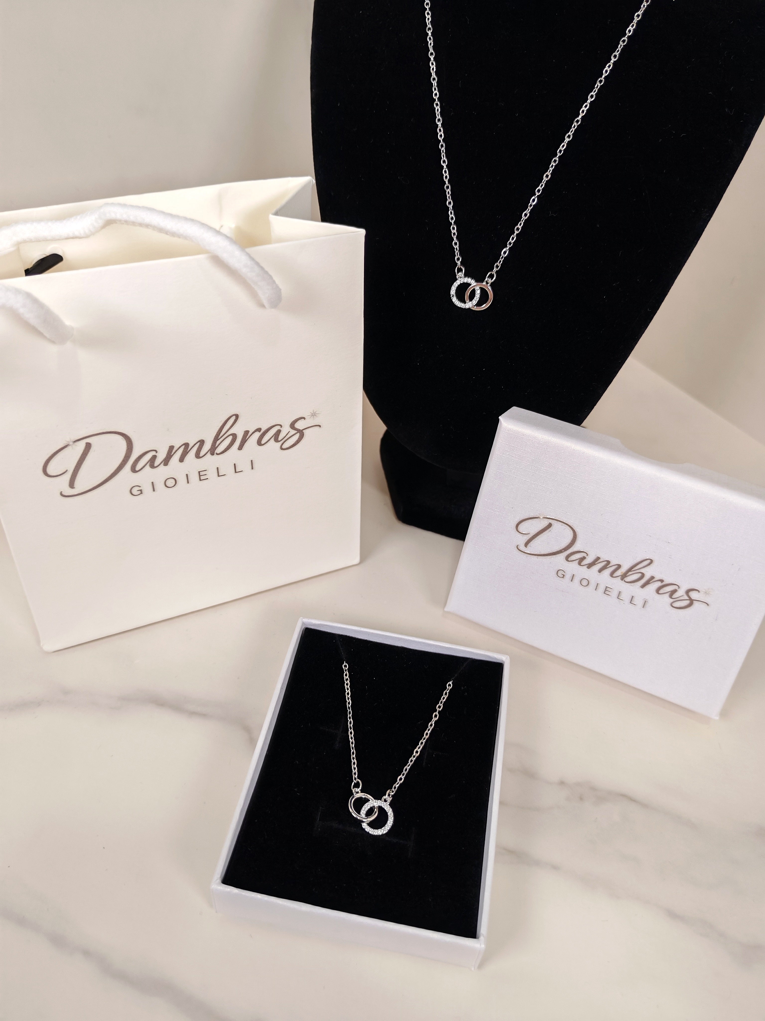Collana con Pendente a Doppio Cerchio Intrecciato e Zirconi